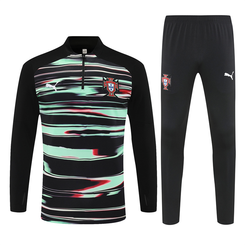 24-25 Portugal black with green half zipper sweater tracksuit