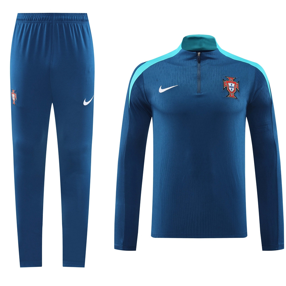 24-25 Portugal navy blue with lake blue half zipper training tracksuit