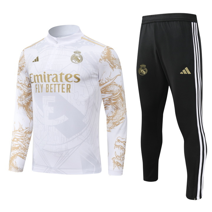 24-25 Real Madrid white with gold half zipper training tracksuit