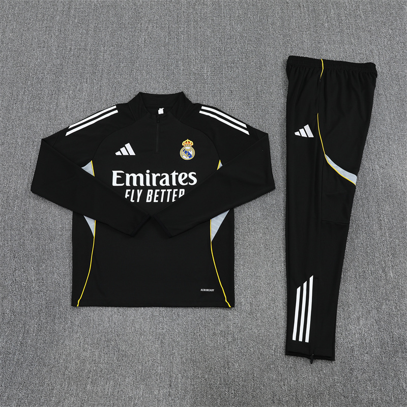 25-26 Real Madrid black with white stripe half zipper sweater tracksuit