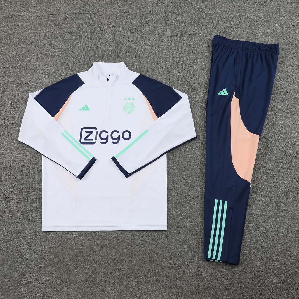 with sponsor logo 23-24 Ajax white with navy blue and beige stripe half zipper sweater tracksuit
