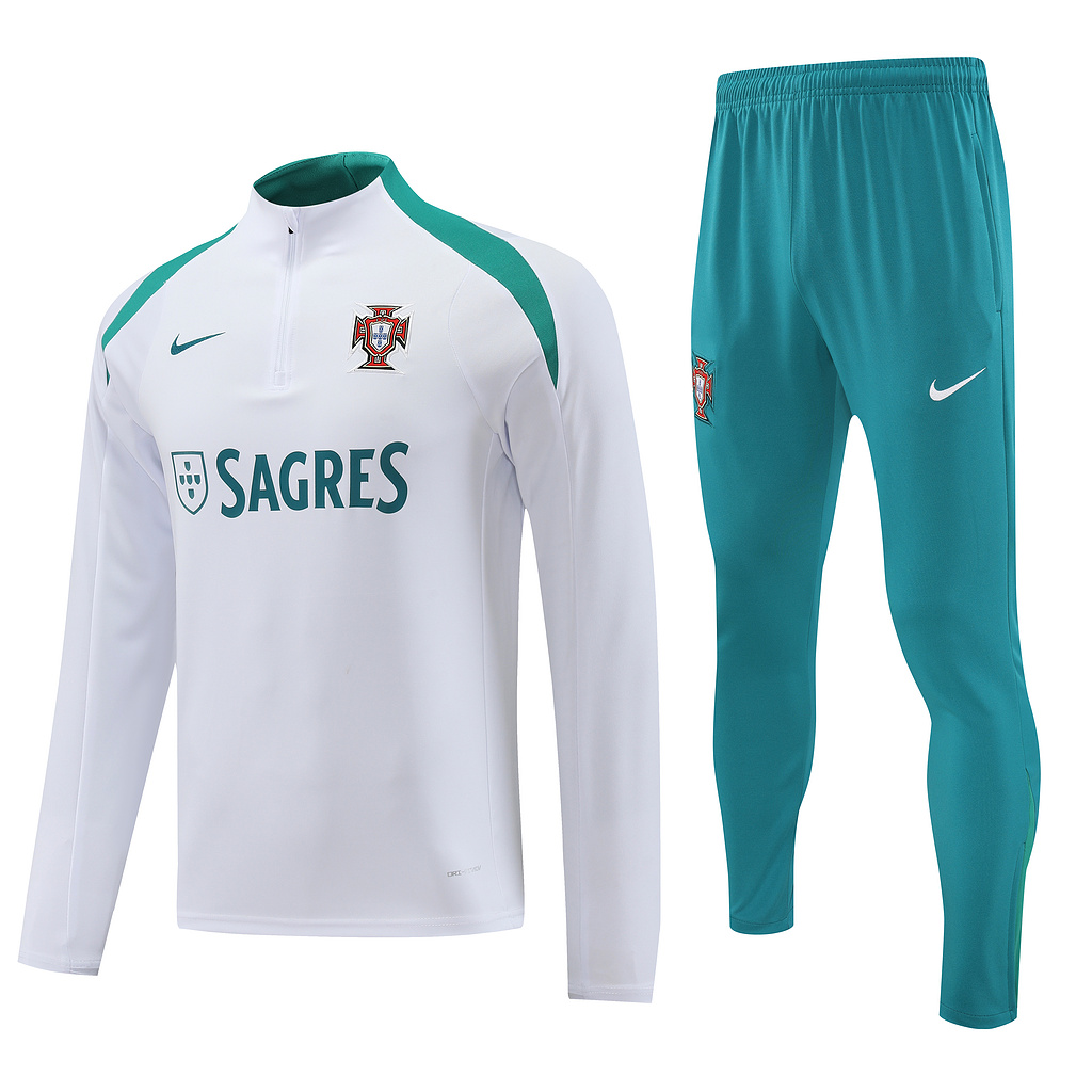 003-452 with sponsor logo 24-25 Portugal white with green half zipper training tracksuit