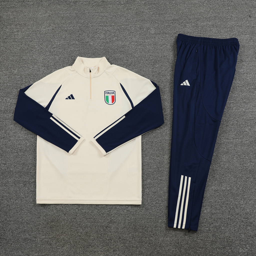 003-67 23-24 Italy beige with navy blue half zipper sweater tracksuit