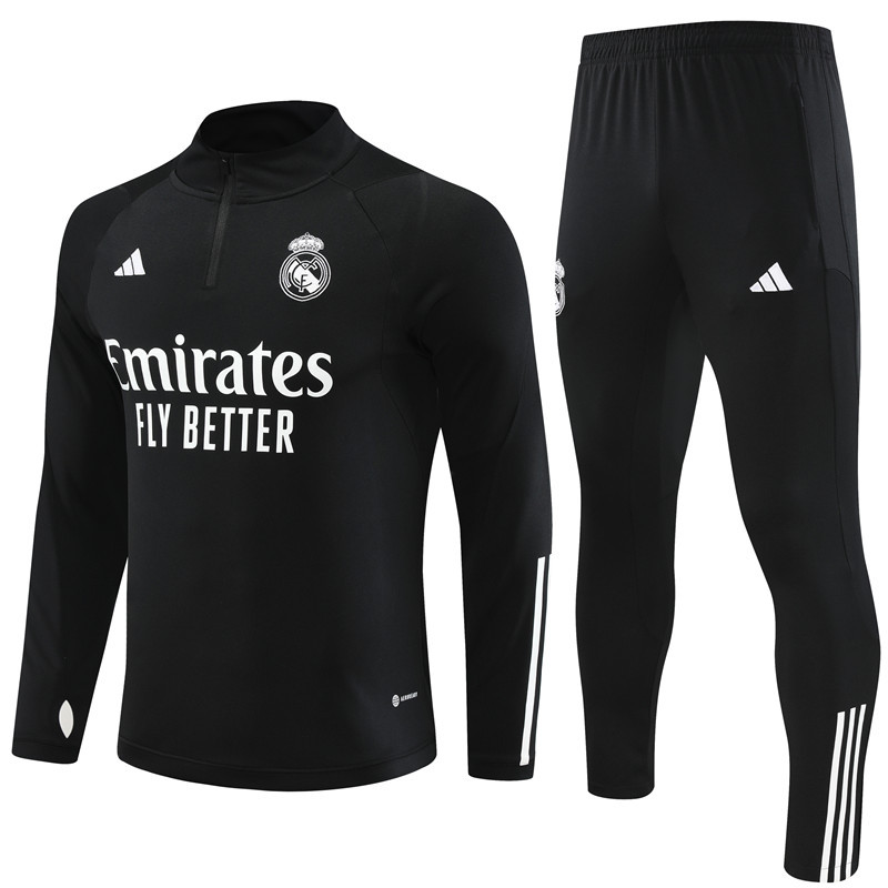 23-24 Real Madrid black with white stripe half zipper sweater tracksuit