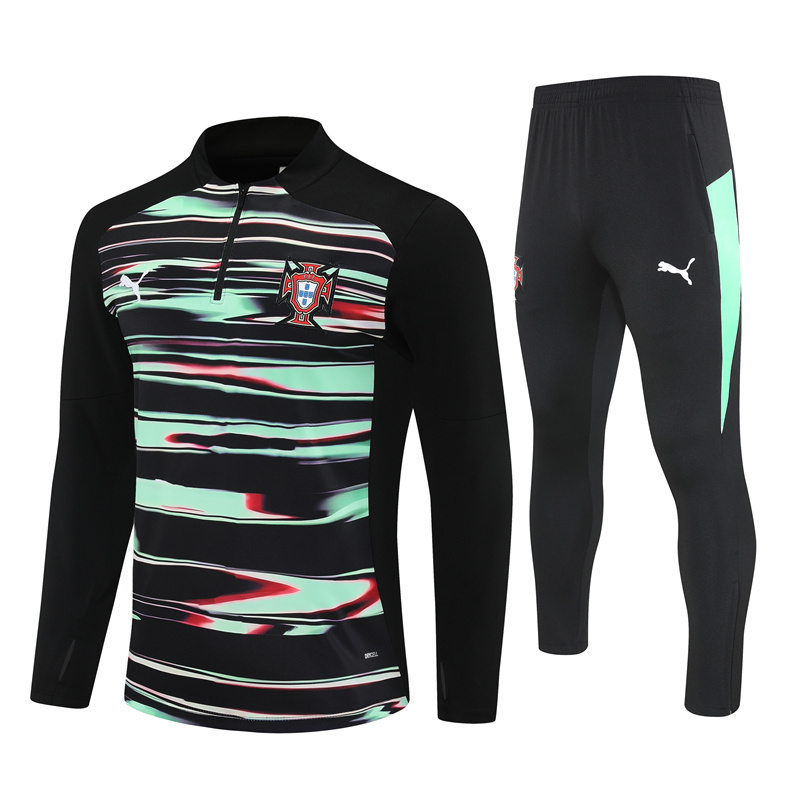 24-25 Portugal black with green half zipper sweater tracksuit