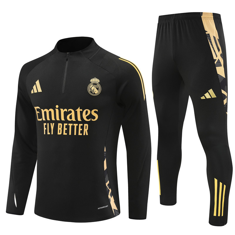 24-25 Real Madrid black with gold half zipper training tracksuit