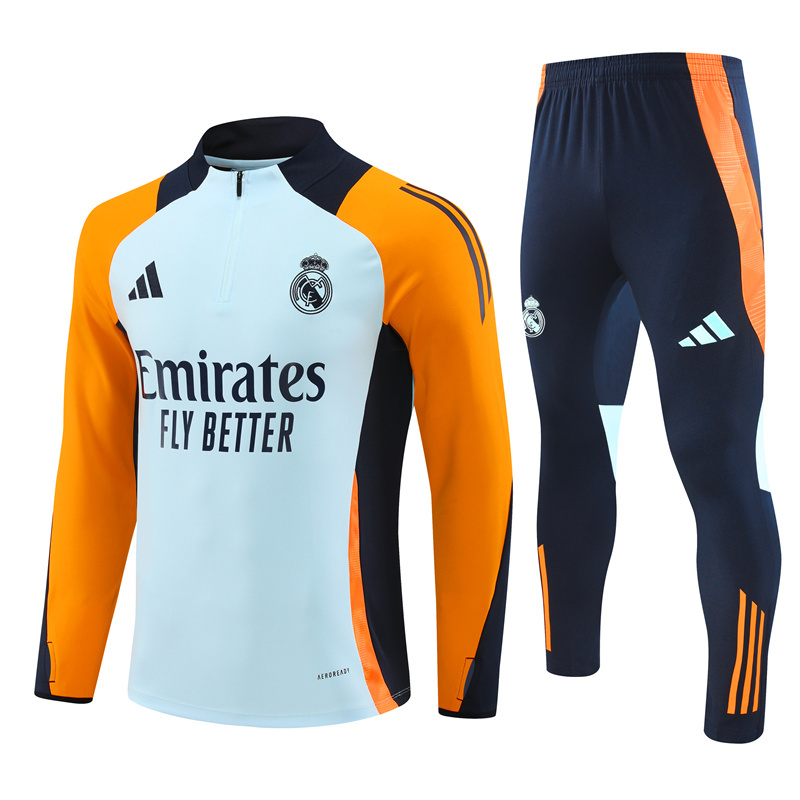 24-25 Real Madrid light blue with yellow and navy blue half zipper training tracksuit