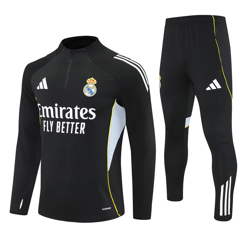 25-26 Real Madrid black with white stripe half zipper sweater tracksuit