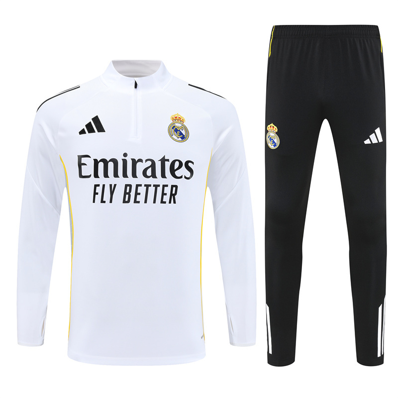25-26 Real Madrid white with gray stripe half zipper sweater tracksuit