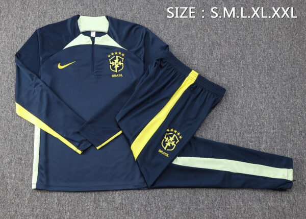 B645# 23-24 Brazil navy blue with green half zipper training tracksuit - Image 4