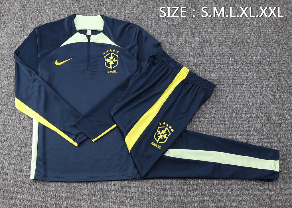 004-252 B645# 23-24 Brazil navy blue with green half zipper training tracksuit