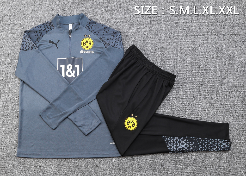 B743# 23-24 Dortmund gray with black pants half zipper sweater tracksuit