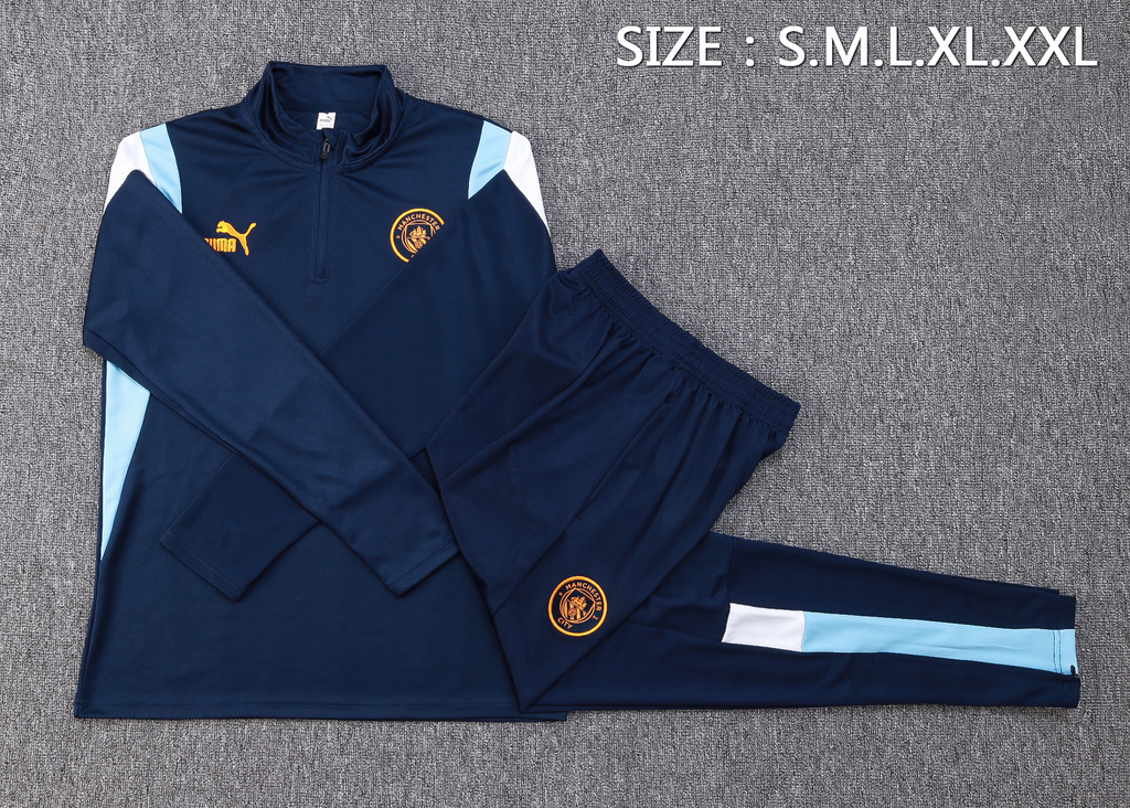 B751# 23-24 Man City navy blue with light blue and white half zipper sweater tracksuit