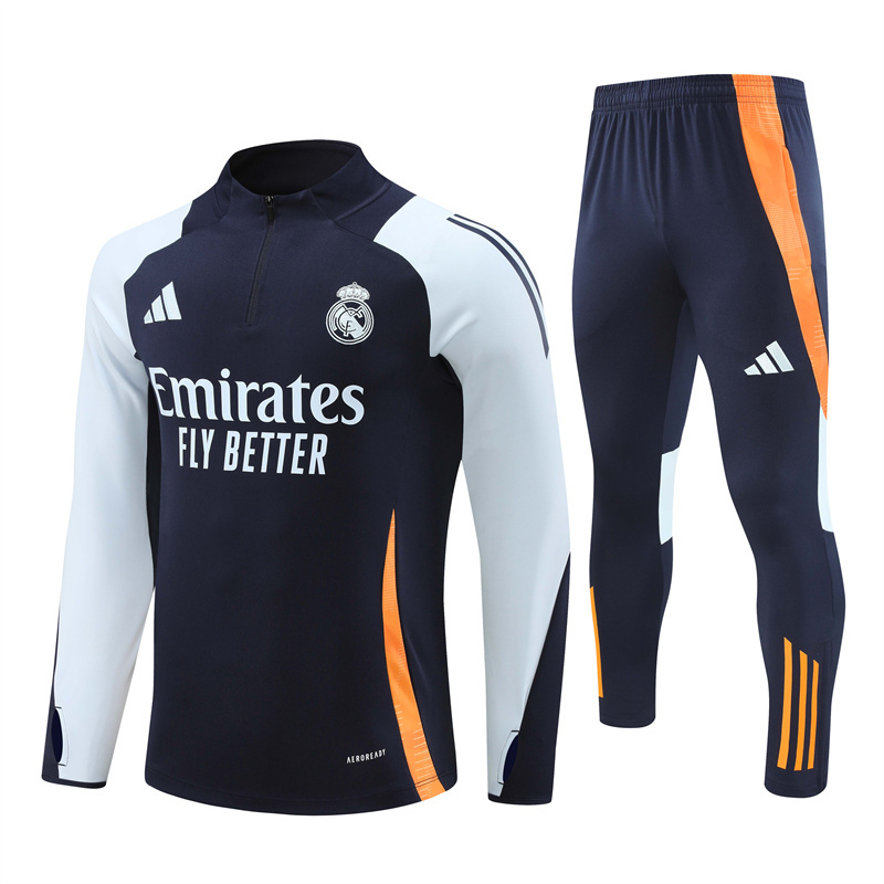 24-25 Real Madrid navy blue with light blue half zipper training tracksuit
