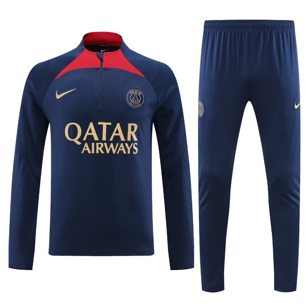 gold logo 23-24 PS G navy blue with red half zipper sweater tracksuit