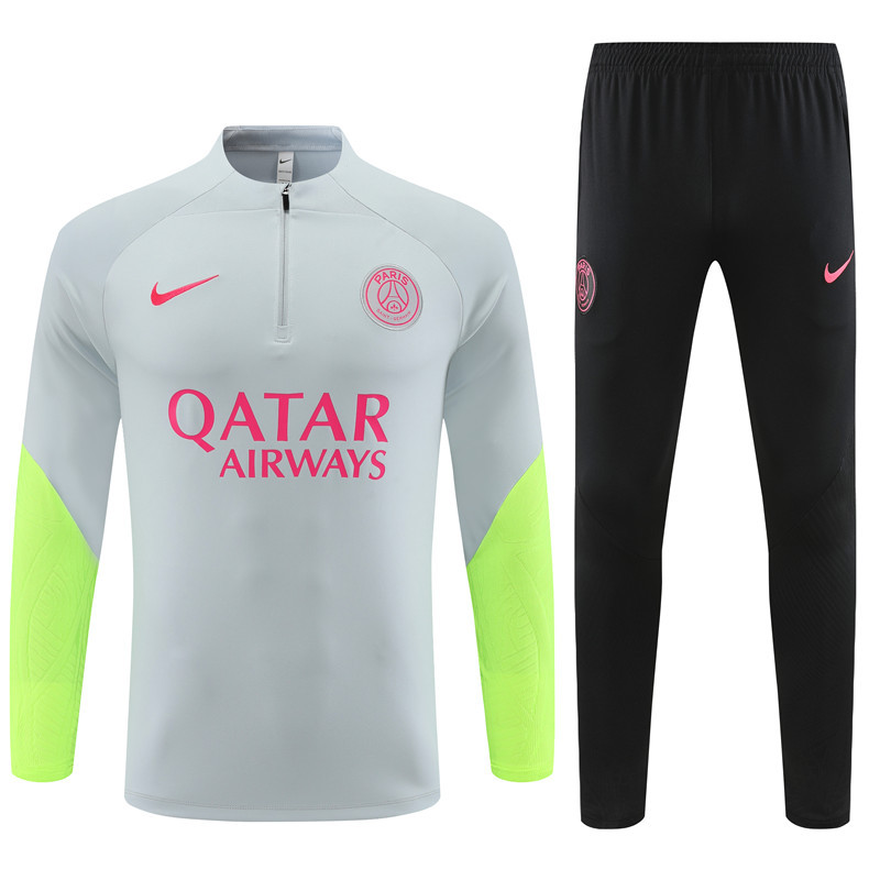 fans version 23-24 PS G light gray with green half zipper sweater tracksuit