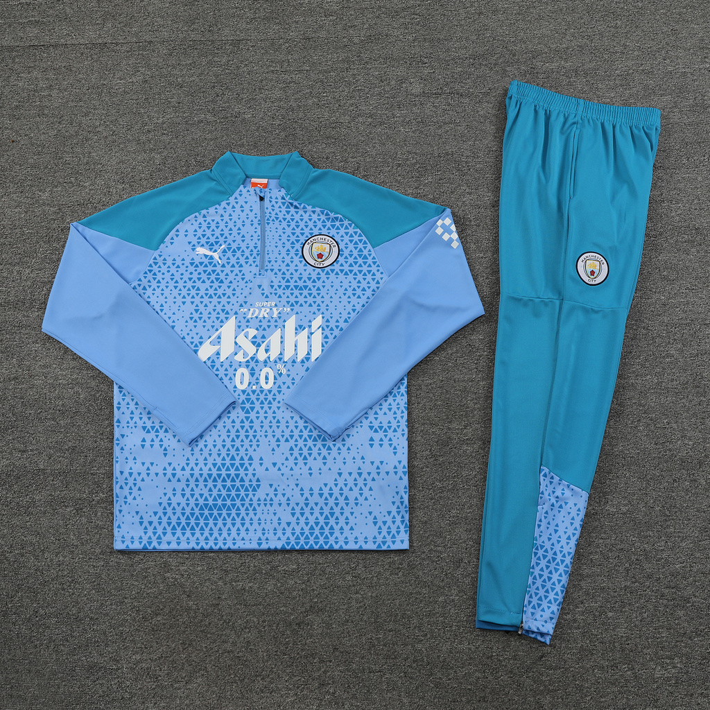 004-357 player version 23-24 Man City light blue with green pants half zipper sweater tracksuit -2X