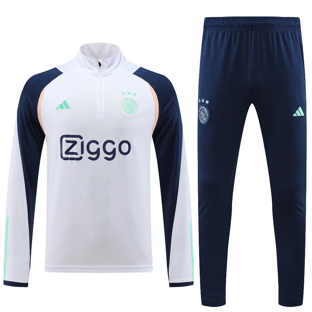with sponsor logo 23-24 Ajax white with navy blue and beige stripe half zipper sweater tracksuit