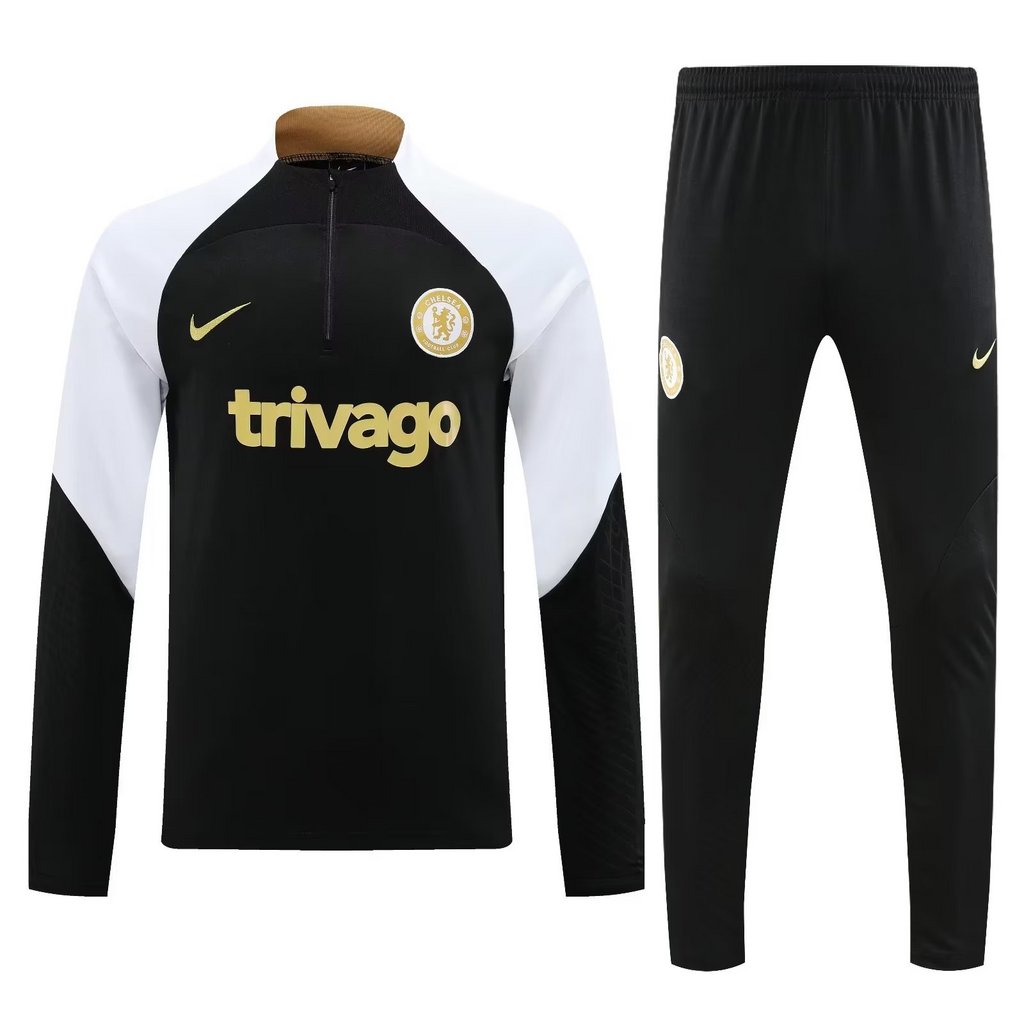 004-5 23-24 Chelsea black with white half zipper training tracksuit