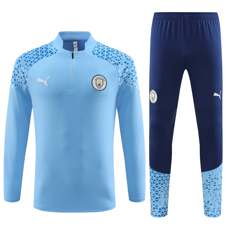 004-77 23-24 Man City light blue with navy blue pants half zipper sweater tracksuit
