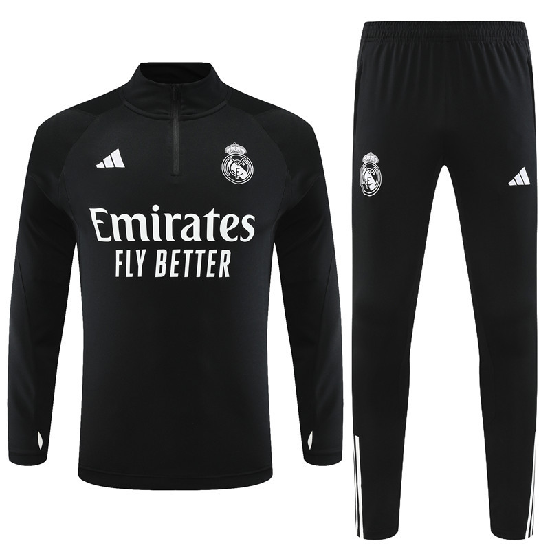 23-24 Real Madrid black with white stripe half zipper sweater tracksuit
