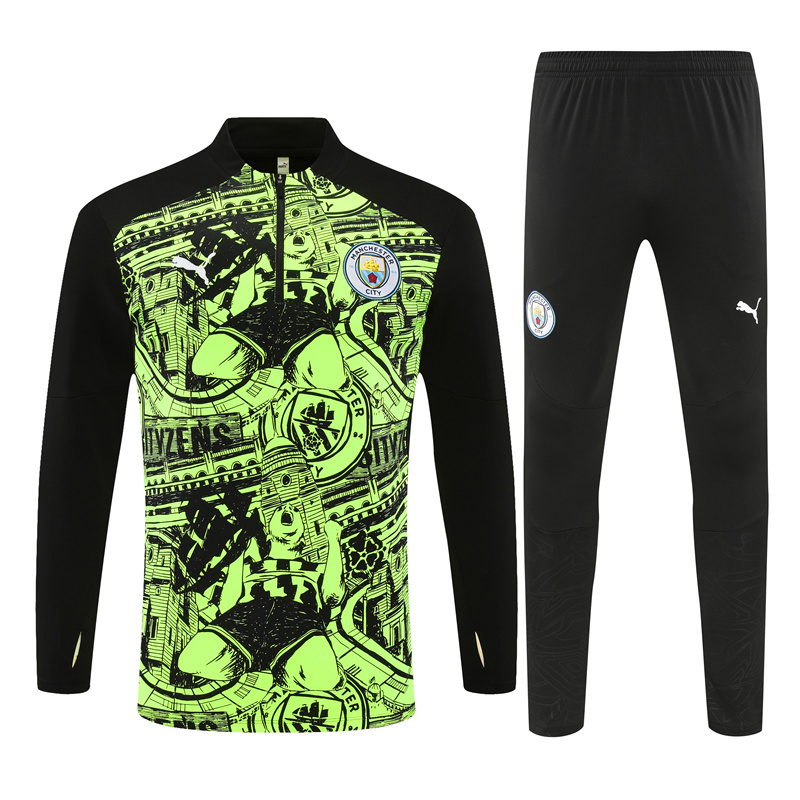 24-25 Man City Fluorescent green with black half zipper training tracksuit