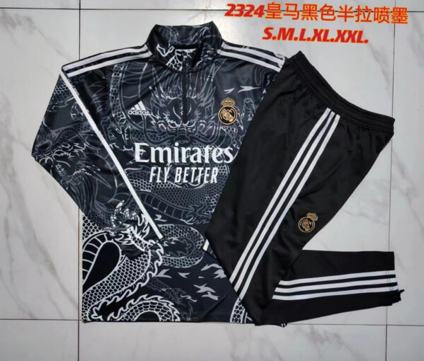 B758# 23-24 Real Madrid black printing half zipper sweater tracksuit - Image 5