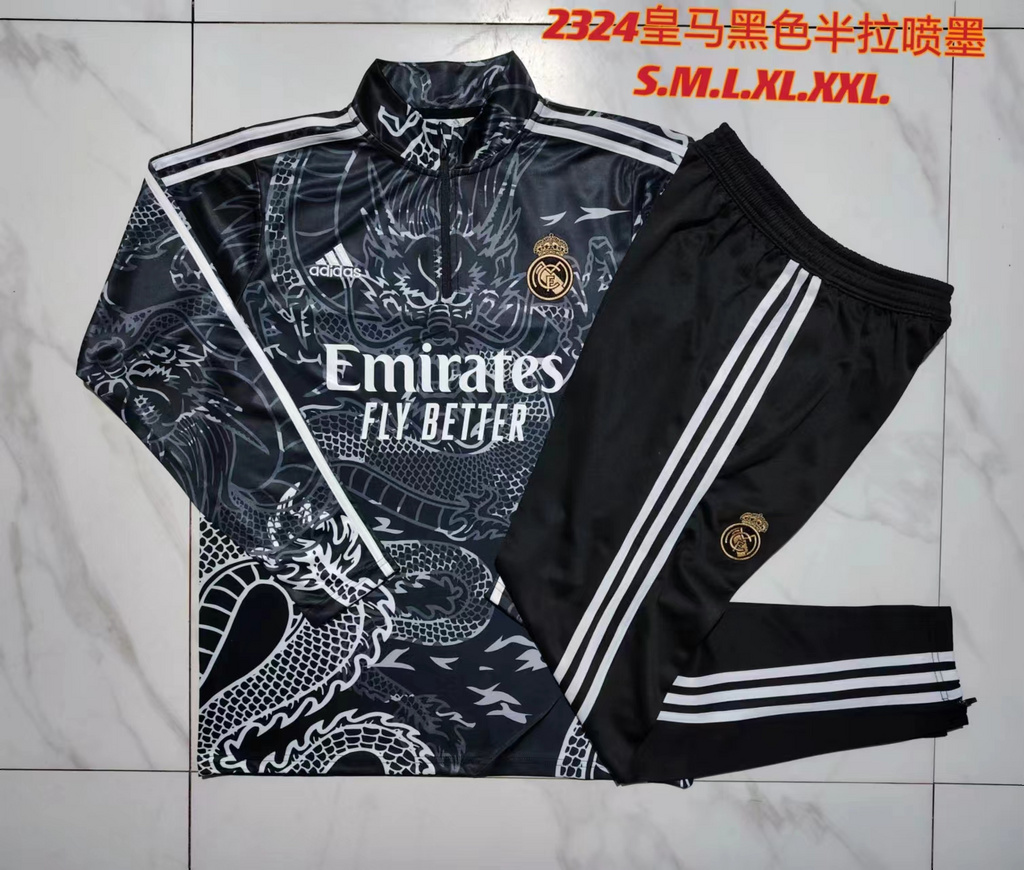 B758# 23-24 Real Madrid black printing half zipper sweater tracksuit