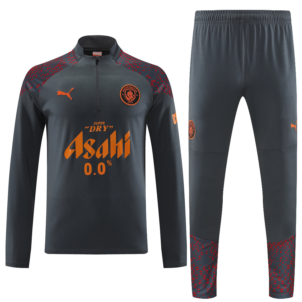 with sponsor logo 23-24 Man City dark gray with red half zipper sweater tracksuit