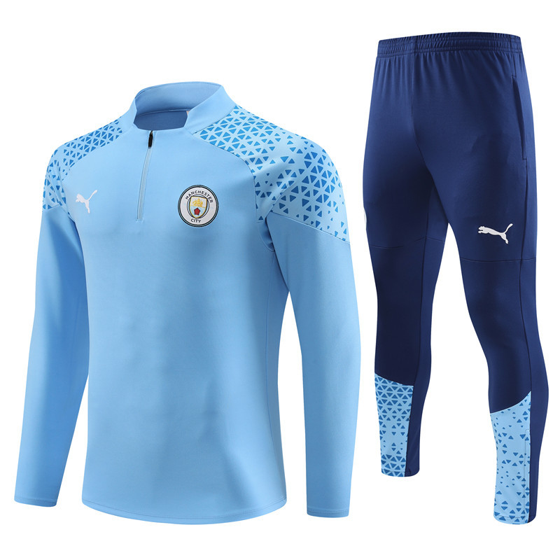 005-66 23-24 Man City light blue with navy blue pants half zipper sweater tracksuit