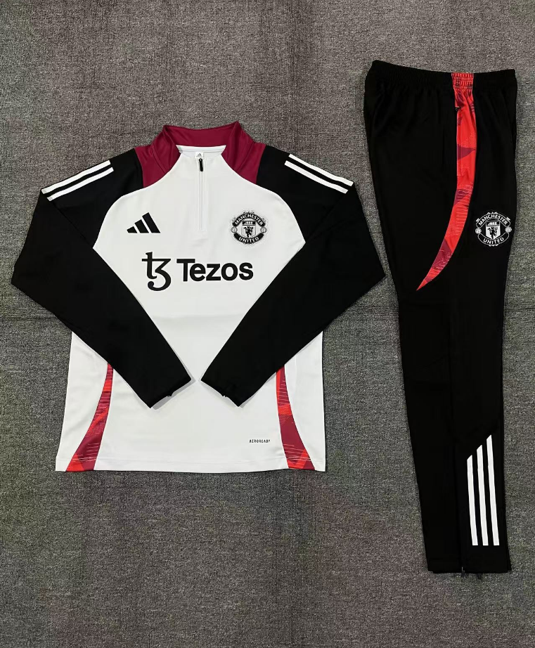 006-1 24-25 Manud white with red and black stripe half zipper sweater tracksuit