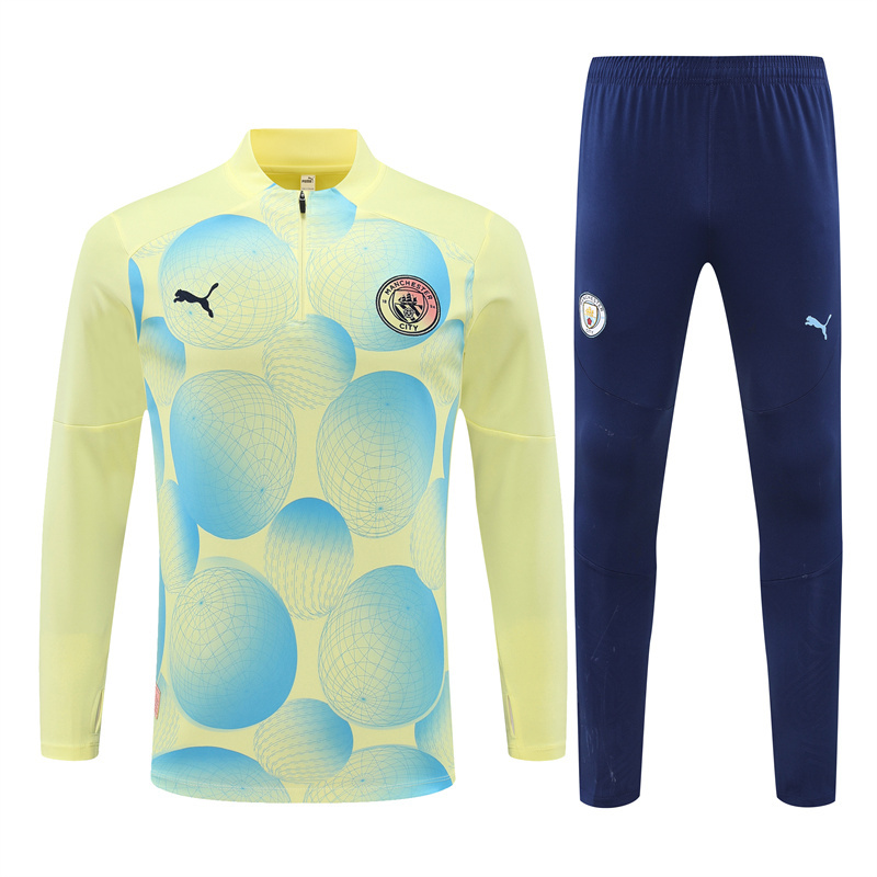 24-25 Man City light yellow with blue half zipper training tracksuit