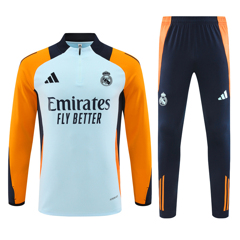 24-25 Real Madrid light blue with yellow and navy blue half zipper training tracksuit