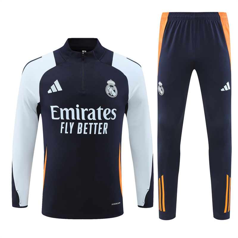 24-25 Real Madrid navy blue with light blue half zipper training tracksuit