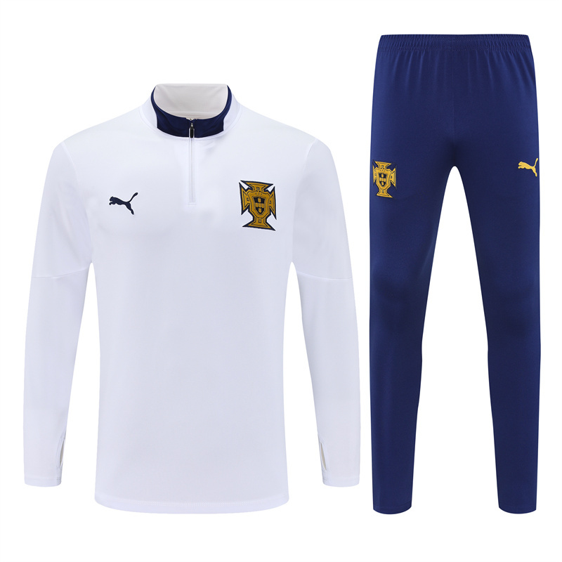 25-26 Portugal white with navy blue half zipper sweater tracksuit