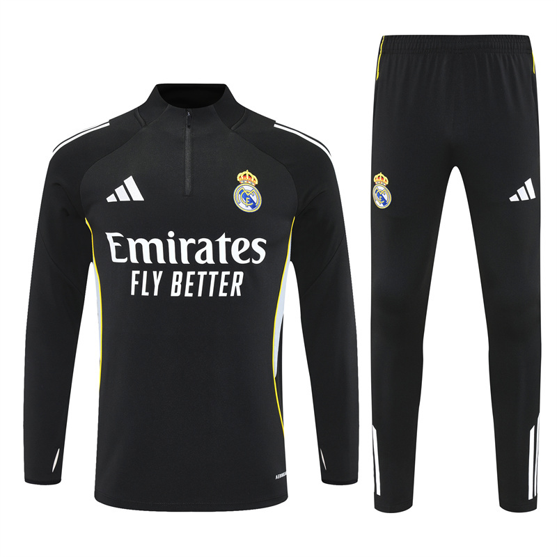 25-26 Real Madrid black with white stripe half zipper sweater tracksuit