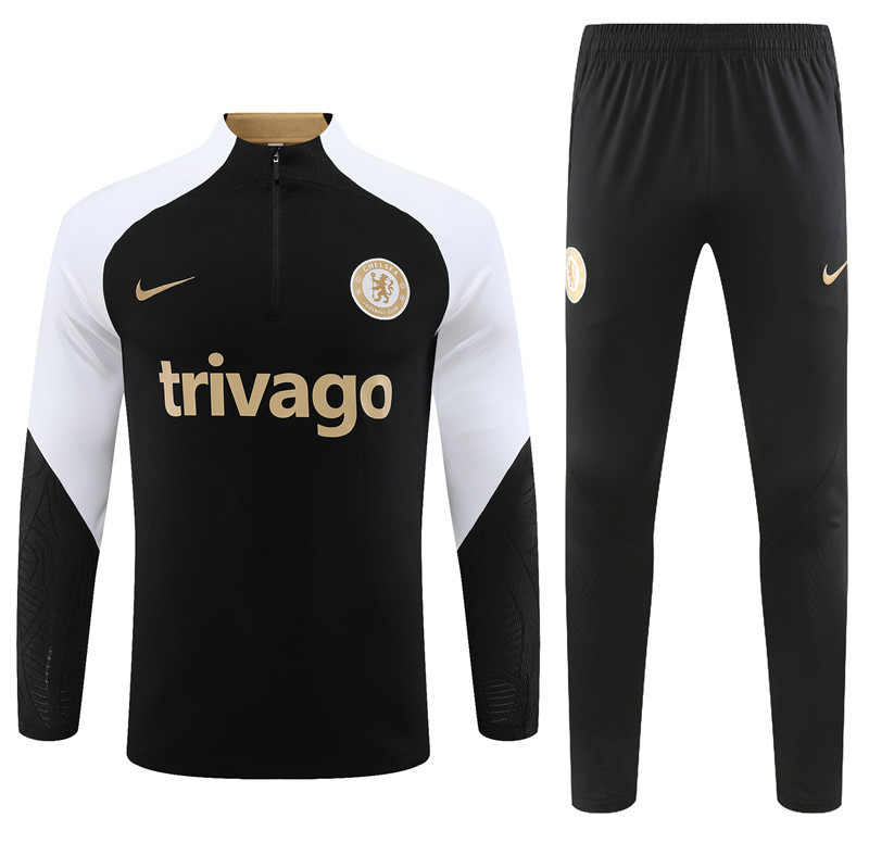 fans version 23-24 Chelsea black with white half zipper training tracksuit