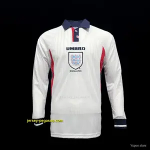 Long Sleeve Retro 1998 England Home Soccer Jersey
