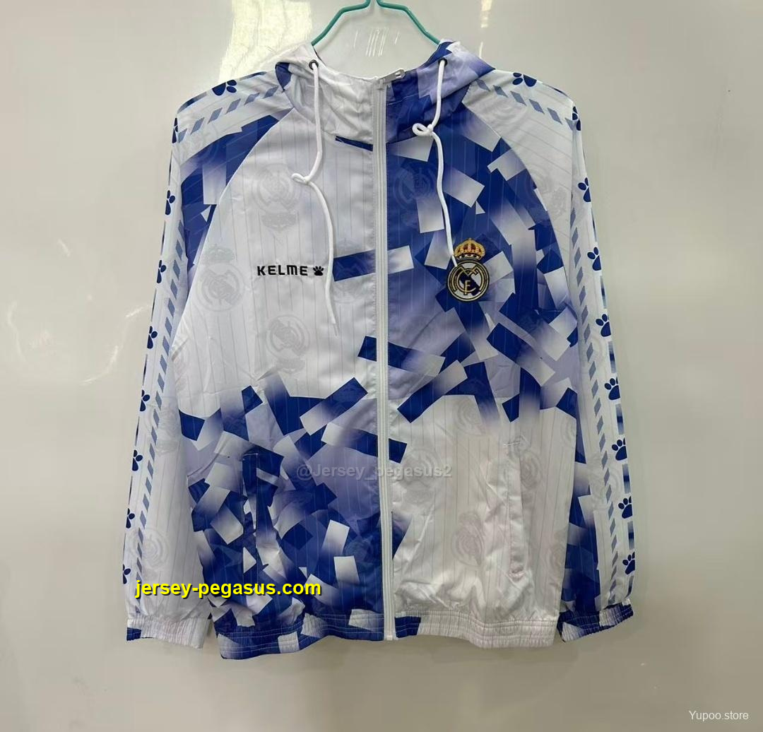 Real Madrid White with Blue Geometric Pattern Windbreaker Real Madrid White with Blue Geometric Pattern Windbreaker