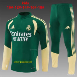 2026 Kids Real Madrid Green & Cream Half Zipper Jacket Tracksuit + Long Pants