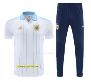 Argentina White Stripes Polo Training Shirt + Navy Blue Long Pants Tracksuit