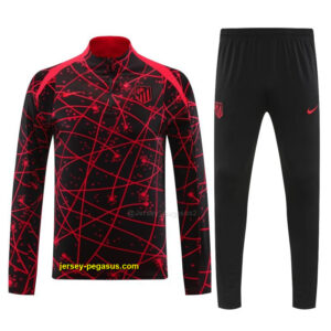 Atletico Madrid Black with Red Geometric Lines Pattern Half Zipper Jacket Tracks