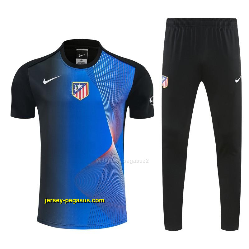 Atlético de Madrid Black & Blue with Fluid Wave Print Short Sleeve Tracksuit + B Atlético de Madrid Black & Blue with Fluid Wave Print Short Sleeve Tracksuit + B