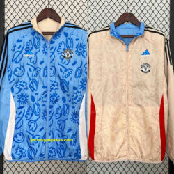 2024 Manchester United Blue&Beige Trench Coat Reversible Windbreaker Jacket Socc
