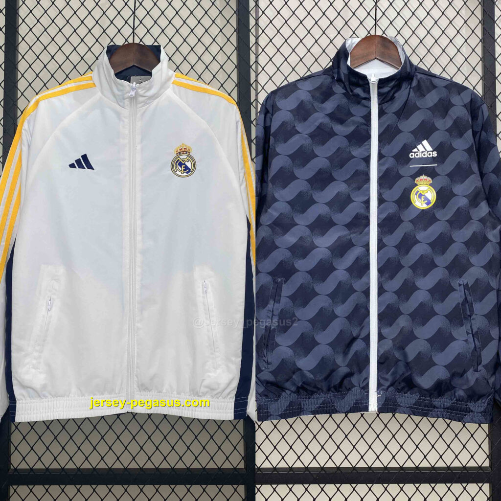 Real Madrid White&Navy Trench Coat Reversible Windbreaker Double-Sides Jacket AA