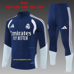Kids Real Madrid Away Navy Blue Half Zipper Jacket Tracksuit + Long Pants