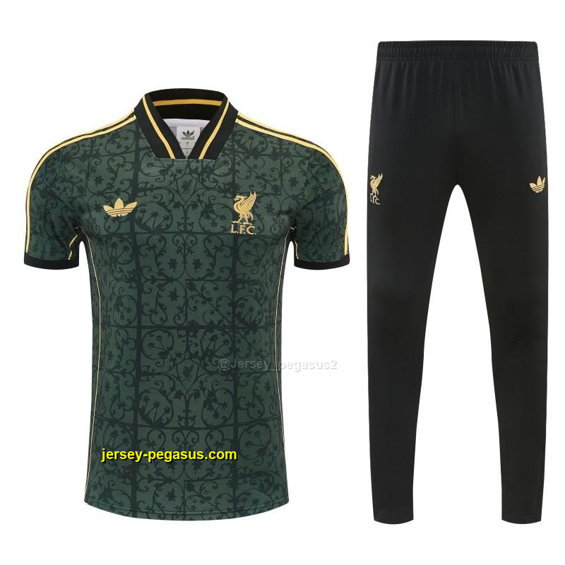 Liverpool Dark Green Short Sleeve Tracksuit + Black Long Pants Liverpool Dark Green Short Sleeve Tracksuit + Black Long Pants