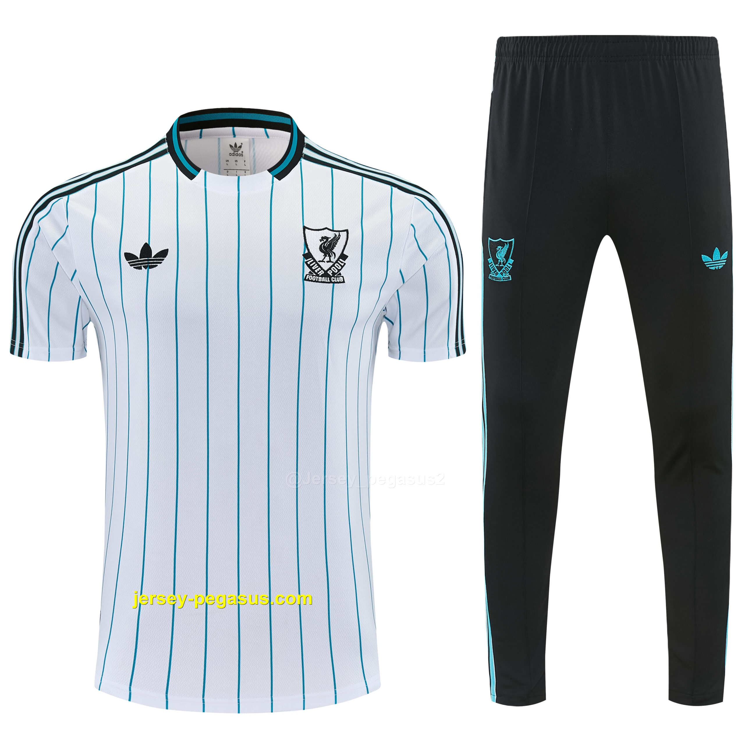 Liverpool White with Teal Pinstripe Short Sleeve Tracksuit + Long Pants Liverpool White with Teal Pinstripe Short Sleeve Tracksuit + Long Pants