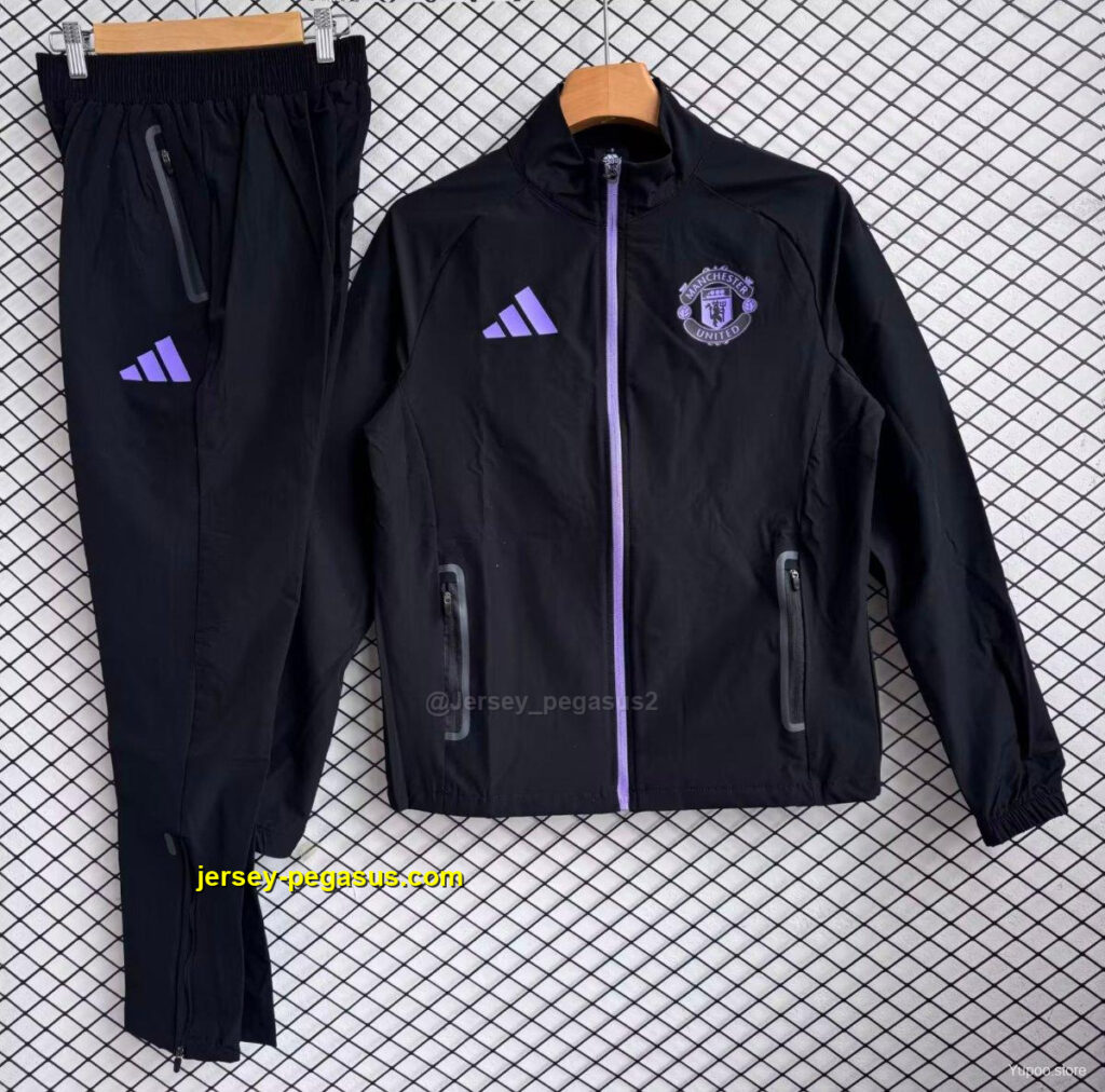 Manchester United Black with Purple Full zipper Jacket Tracksuit+ long pants