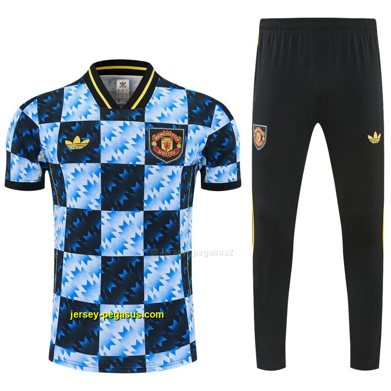 Manchester United Blue & Black Checkerboard Short Sleeve Tracksuit + Long Pants Manchester United Blue & Black Checkerboard Short Sleeve Tracksuit + Long Pants